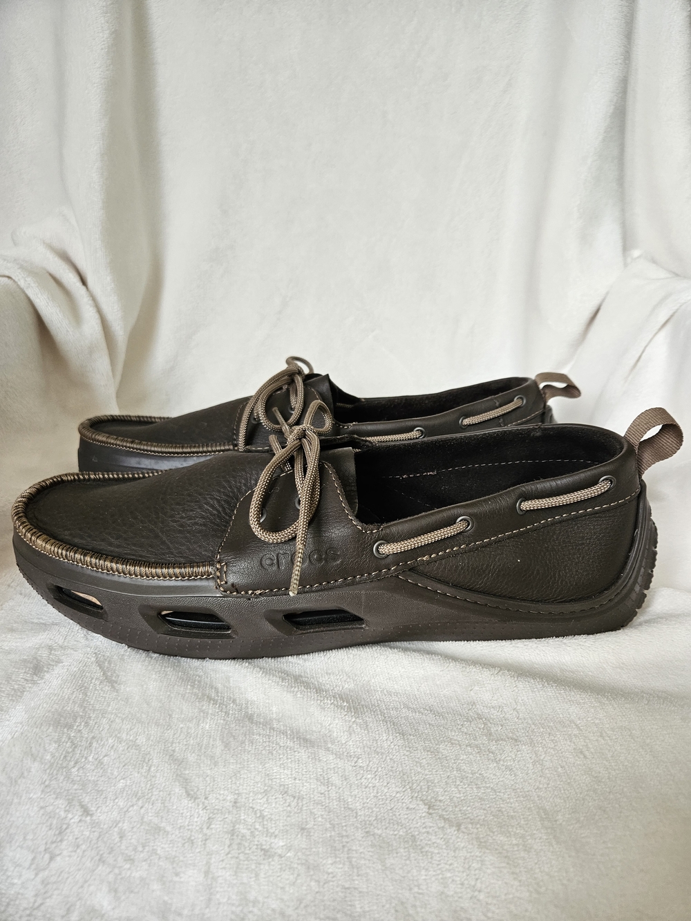 CROCS Cove Sports Men's Dark Brown Leather Upper Boat Shoes S8ze 12 EUC